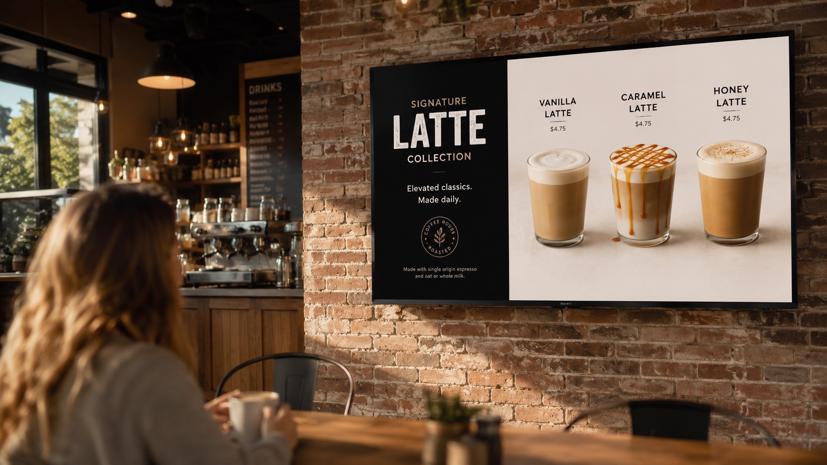 Cafe TV showing a digital menu board with LenvoAds Display on Google TV or Android TV