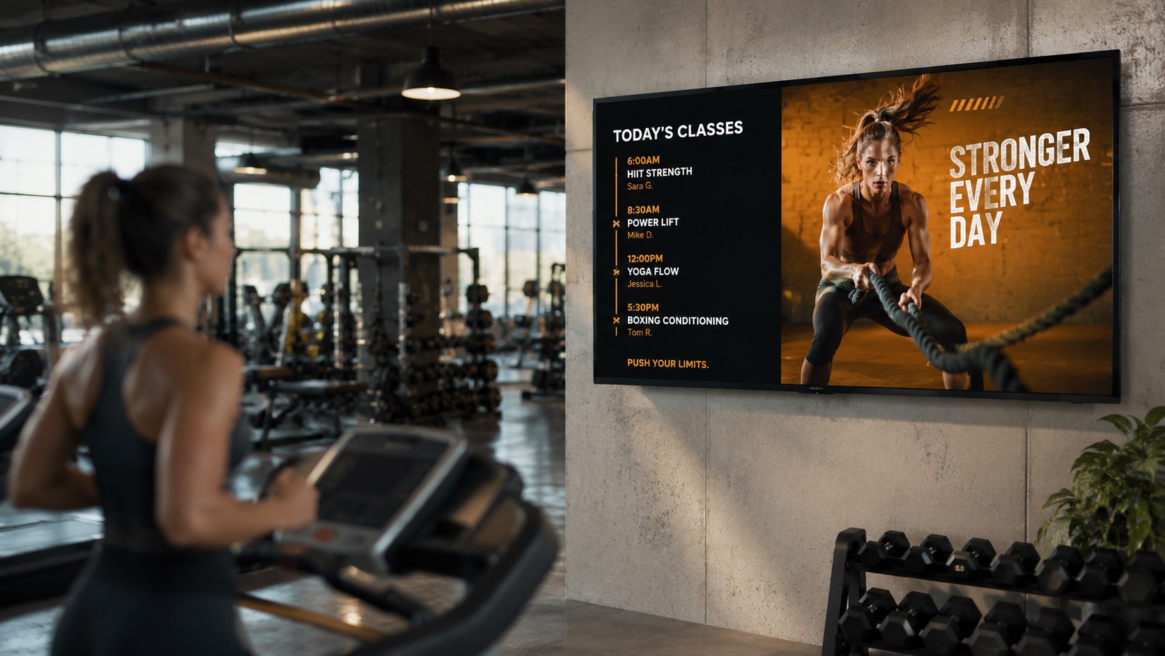 Gym TV displaying class schedules and fitness content with LenvoAds Display on Google TV or Android TV