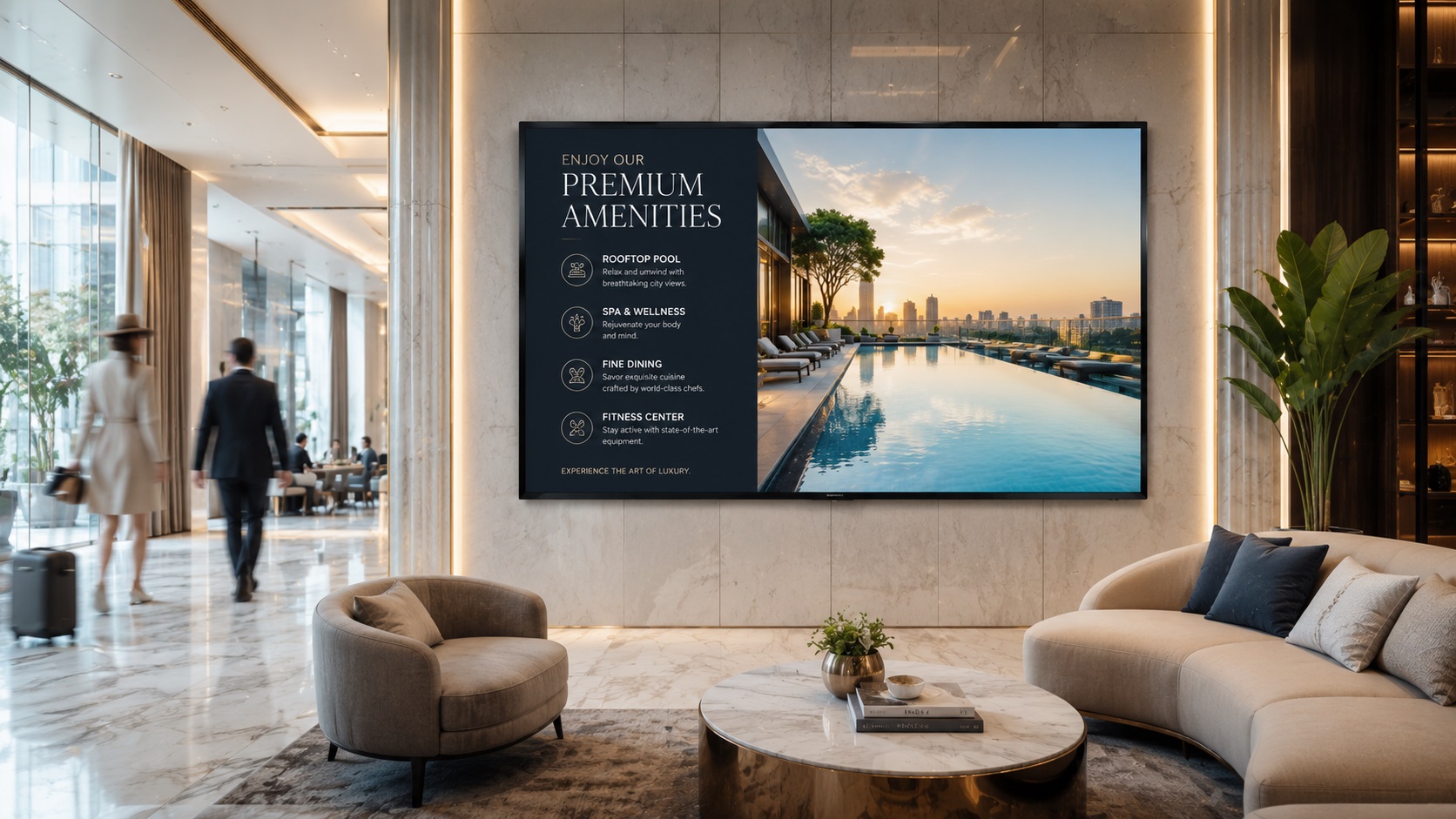 Hotel lobby TV promoting premium amenities with LenvoAds Display on Google TV or Android TV